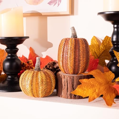 Medium Fall Pumpkin Decorations Set - 2 Resin Pumpkins for Autumn Home Decor