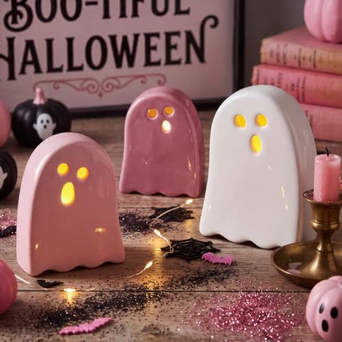 Pink Halloween Ghost Ceramic Decorations with Tea Light Candles - Variation of Ghost