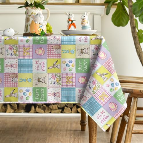 Easter Tablecloth 60x84 Inch Rectangular Plaid Bunny Rabbits Pink Yellow Blue