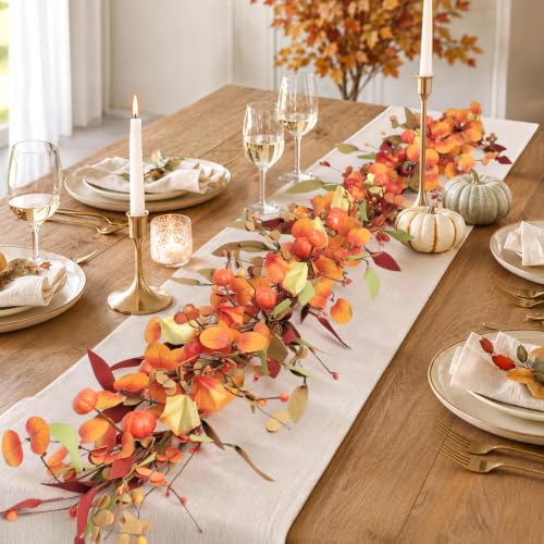 Fall Eucalyptus Pumpkin Leaves Garland - 6FT Autumn Autumnal Decor - Fall Garland with Sibling Variation