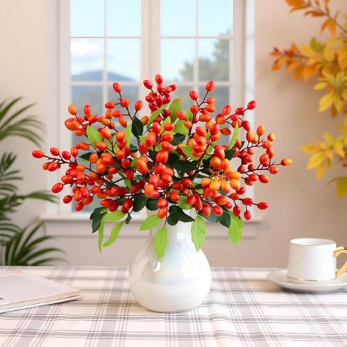 Artificial Orange Berry Stems Set of 4 - Realistic Faux Fruit for Home & Holiday Decor