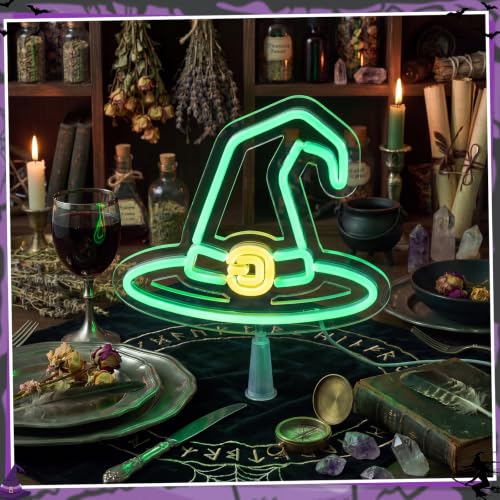 Halloween Tree Topper LED Witch Hat Lighted Decoration - 10 Inch, Green, with Base & Ties - Variation of Witch Hat
