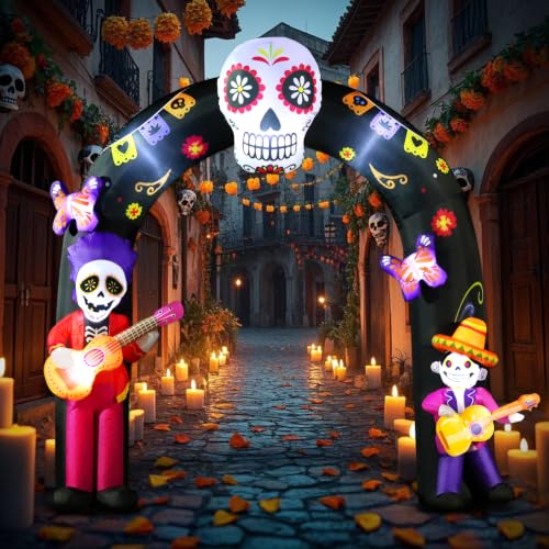 Large Halloween Inflatable Archway with LED Lights - Day of the Dead Skeleton & Sugar Skull Decor