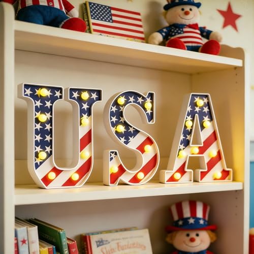 Patriotic USA Marquee Light Letters for 4th of July Decorations - Indoor Outdoor LED Sign