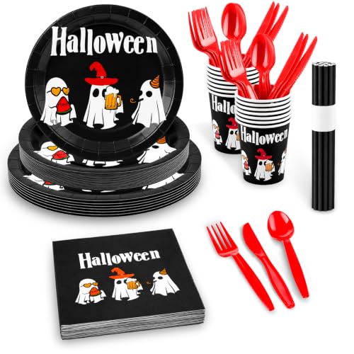 Halloween Party Supplies Set 200 Pcs Disposable Dinnerware for 25 Guests Ghost Design