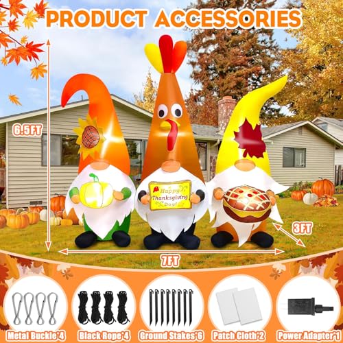 Thanksgiving Inflatable Gnome with LED Lights - Fall Yard Decoration, 7FT - Thanksgiving Day Outdoor Decor - Variation of Thanksgiving Three Gnome