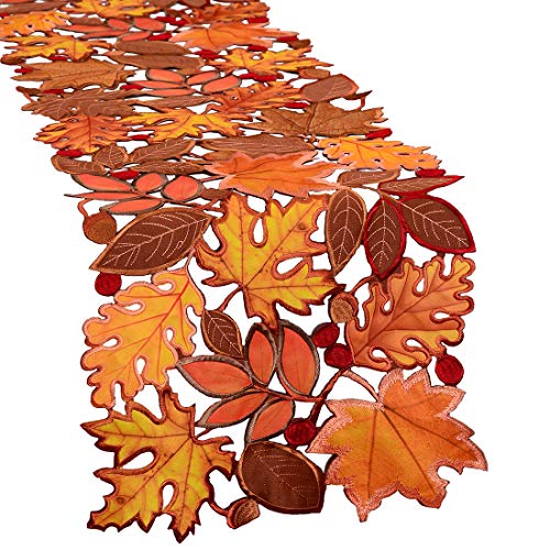 Simhomsen Embroidered Fall Leaves Table Runner 14x88 Inches for Thanksgiving Autumn Decor