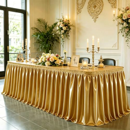 9ft Dark Gold Satin Table Skirt for Rectangle Tables - Wrinkle-Resistant Ruffle Decor (108 x 30 inches) - Birthday, Wedding, Banquet