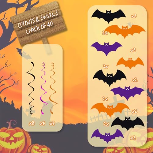 Halloween Bat Hanging Decorations Set - 46 Pc Spooky Party Streamers & Ornaments