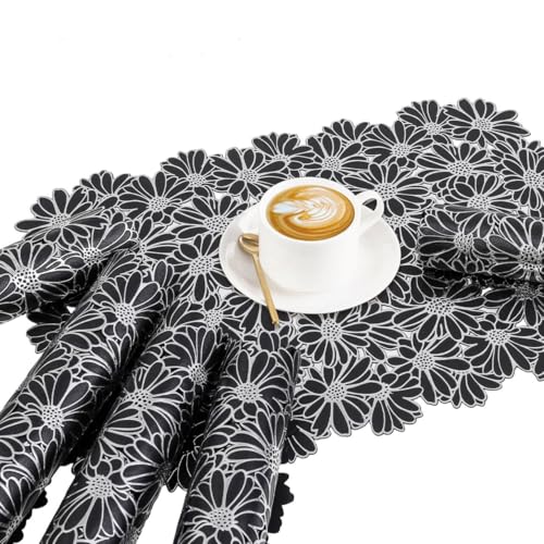 Flower Placemats Set 6 - Black PVC Embossed Table Mats with Silver Flower Variation