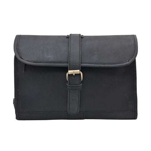 Autentico Leather Genuine Buffalo Leather Hanging Toiletry Bag with Waterproof Lining for Men & Women Handcrafted Vintage Distressed Brownn Leather Dopp Kit, Travelling Kit (Black)