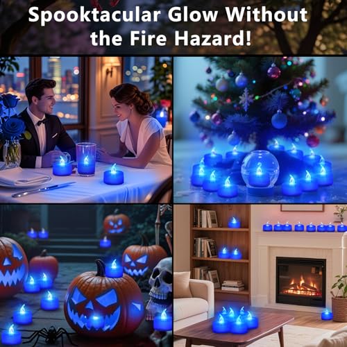 Battery Operated LED Tea Lights - Flickering Flameless Candles, 24 Pack, Blue Base, 200+ Hours