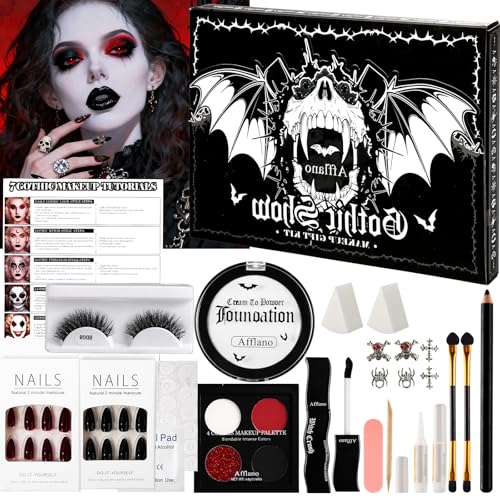 Goth Makeup Kit - Halloween Face Paint, Lipstick, Eye Shadow, False Eyelashes & Nails