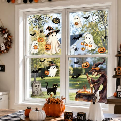 Halloween Window Clings Decorations - Ghost Pumpkin Variation, Reusable PVC Stickers