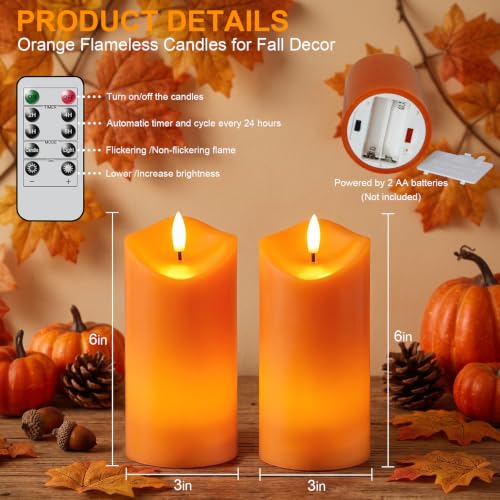 Fall Decorations Flameless Orange Pillar Candles with Remote - Seasonal Halloween & Thanksgiving