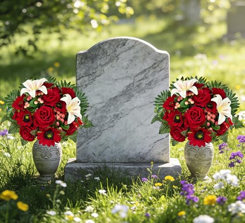 Artificial Cemetery Flowers for Grave Decorations - Realistic Rose Gerbera Lily Bouquet with Vase & Butterfly