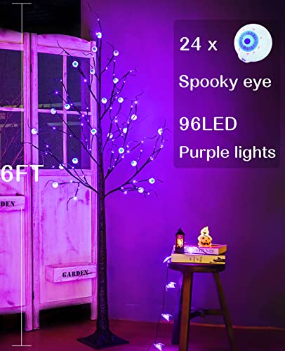 6FT Black Lighted Halloween Tree with 96 LED Purple Lights & Eye Ornaments