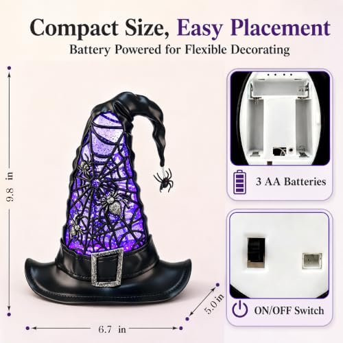 Halloween Snow Globe Lighted Witch Hat Decor - Purple LED Glitter Water Globe - Witch Hat Variation