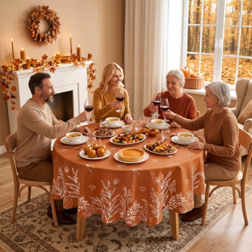 Softalker Fall Round Tablecloth 70 Inch with Leaf Orange Design - Thanksgiving Home Decor