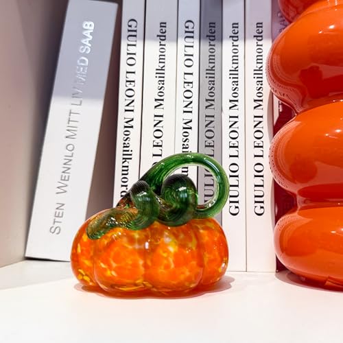 Orange Hand-Blown Glass Pumpkin Decor - 3.5 Inch Autumn Halloween Tabletop Figurine