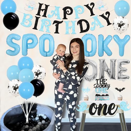 Halloween First Birthday Decorations Set for Boys - Banner, Balloons & Cake Toppers