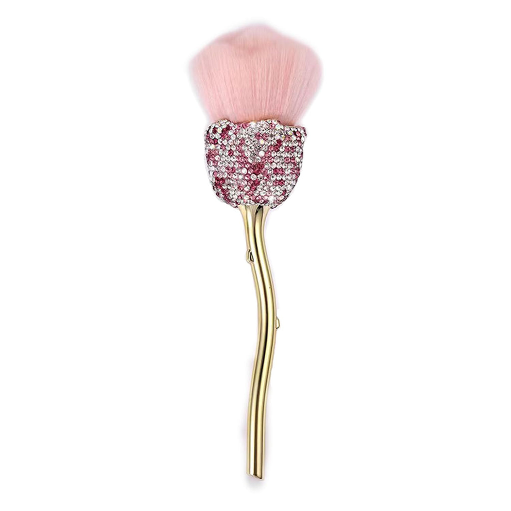 Wokoto 1pcs Rose Nail Dust Brushes Embedded Pink And White Rhinestones For Acrylic Nails Powder Remover Trimming Cleaning Tools Loose Face Cosmetics Blending Foundation Powder Make Up Brushes