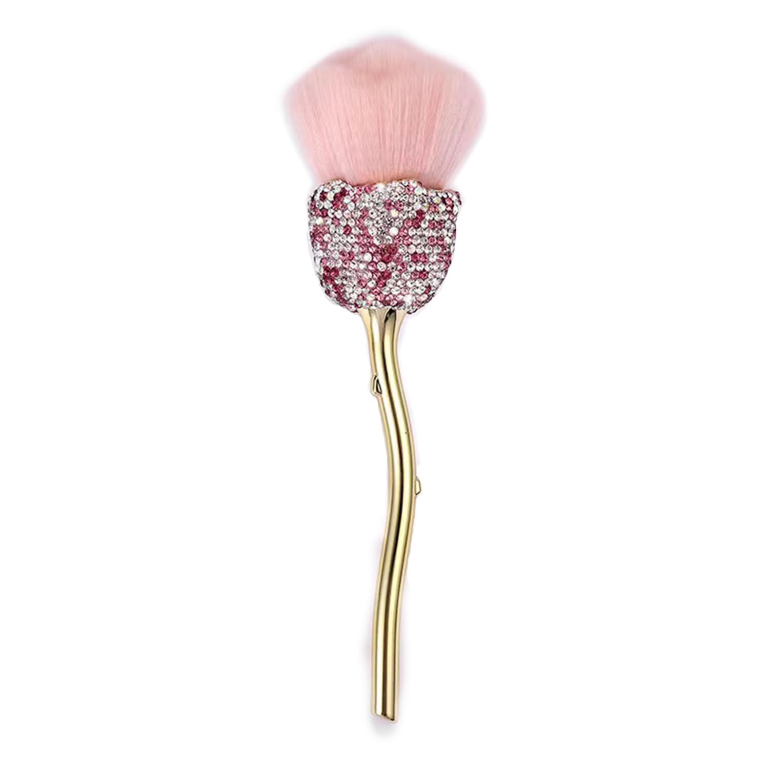 Wokoto 1pcs Rose Nail Dust Brushes Embedded Pink And White Rhinestones For Acrylic Nails Powder Remover Trimming Cleaning Tools Loose Face Cosmetics Blending Foundation Powder Make Up Brushes