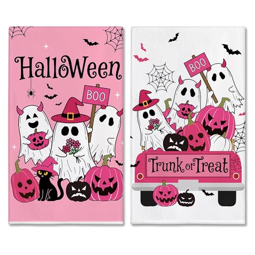 Pink Halloween Kitchen Towels - Ghost Hand Towels, Spooky Decor, Hexagram