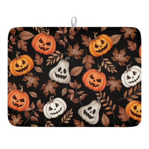 Halloween Maple Leaf Dish Drying Mat - Spooky Orange & White Pumpkin, 18x24 Inch, Reversible Microfiber Kitchen Counter Pad