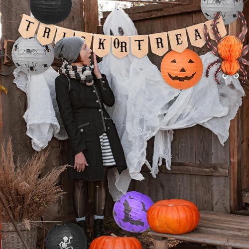 Halloween Paper Lanterns Set - Spider Bat Skeleton Pumpkin Decorations, 15 Pieces, 12 Inches, Colors