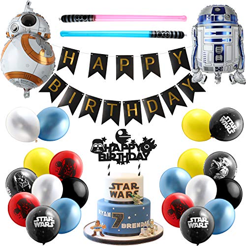 Galaxy Wars Party Favor Set with Balloons, Banners, Cake Topper & Light Sabers