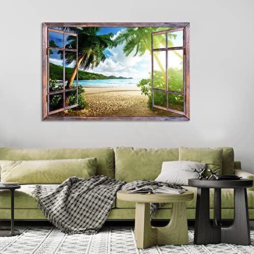 Large Tropical Beach Canvas Wall Art - Ocean Sunset Palm Trees, 48 x 32 Inches, Coastal Seascape Decor