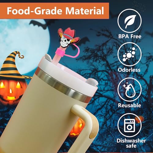 15PCS Halloween Ghost Straw Covers for Stanley Cups - Reusable Silicone Toppers