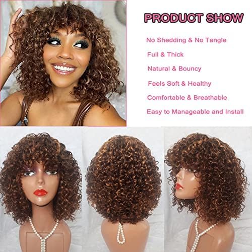 IMAYLI Curly Bob Wig with Bangs 10inch Short Curly Wigs for Black Women Human Hair 180% Density Glueless Water Wave Brazilian Hair wigs None Lace Front Wig P4/30