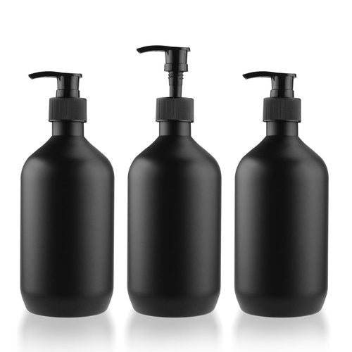 BOSMOIW 3 Pieces 500ML/17OZ Black Matte PET Soap Dispenser,Plastic Shampoo Pump Bottle,Empty Hand Soap Containers,Bathroom Countertop Pump Dispensers for Shampoo,Conditioner,Shower Gel,Massage Oil