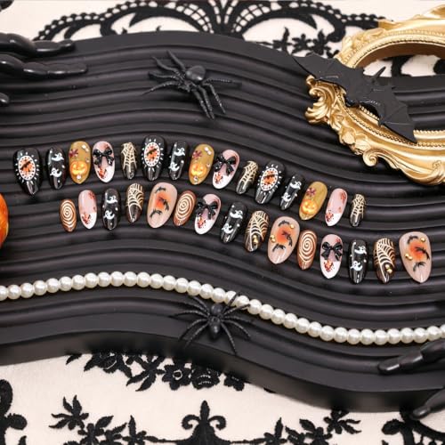Halloween Press On Nails Medium Almond Ghost Bat Gothic Fake Nails - Variation 3