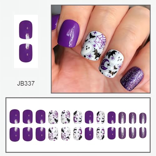 Halloween Short Square Press On Nails with Spider Web Ghost Bat Design - Style15