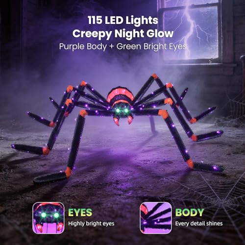 6.8 FT Light Up Outdoor Halloween Spider with Green Eyes and 140 LED Lights - Waterproof Yard Decor