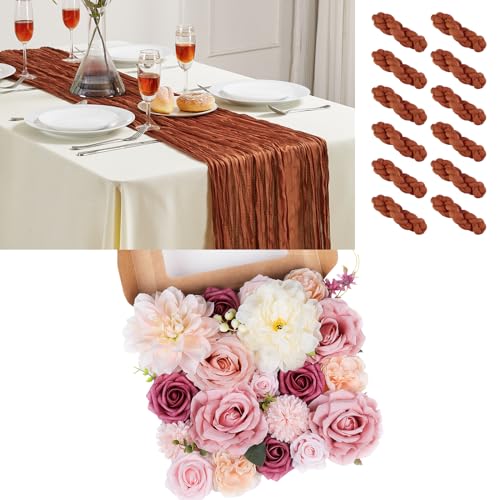 Boho Style Cheesecloth Table Runner with Pink Silk Roses for Wedding & Party Decor