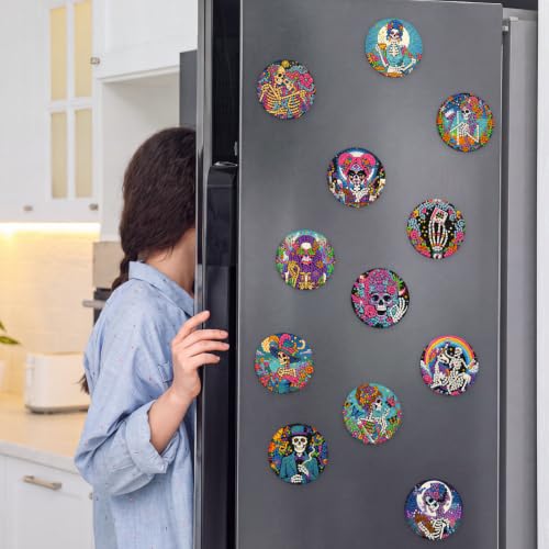 Halloween Sugar Skull Diamond Art Magnets - Multi Color Skeleton Design, 12 Pack