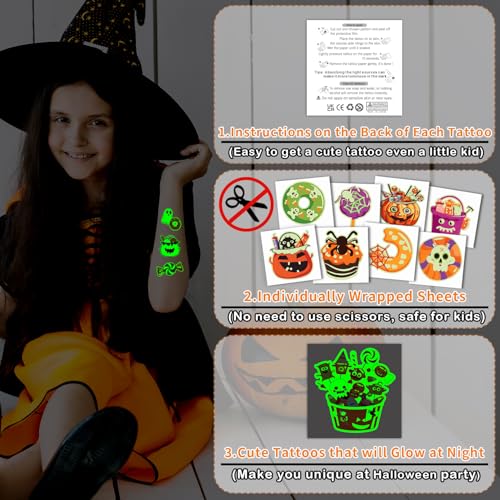 Glow Halloween Candy Temporary Tattoos for Kids - 204 Assorted Luminous Stickers