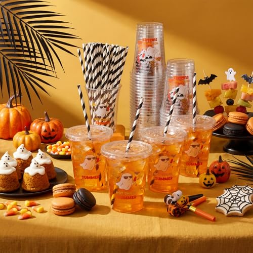 60-Pack Summer Halloween Party Cups with Straws & Lids, 12oz Disposable Plastic Drinkware