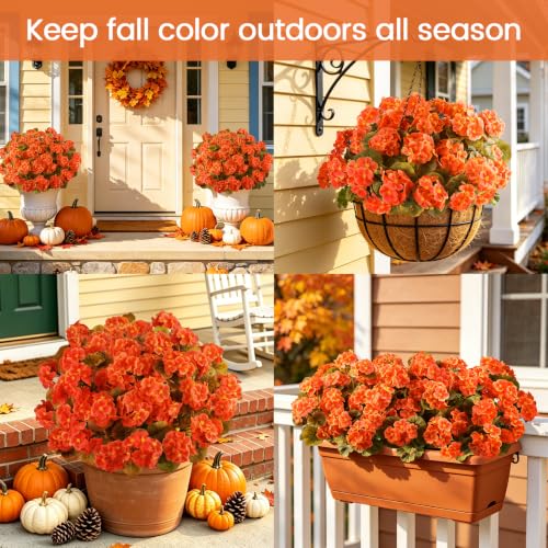 Artificial Fall Flowers for Outdoors, 6PCS Silk Orange Geraniums - Autumn Decor