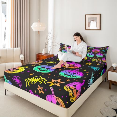 Rainbow Pumpkin Halloween Lantern Fitted Sheet Queen Size - Spiderwebs Glitter Stars Galaxy Bedding Set with Variation Multi 10