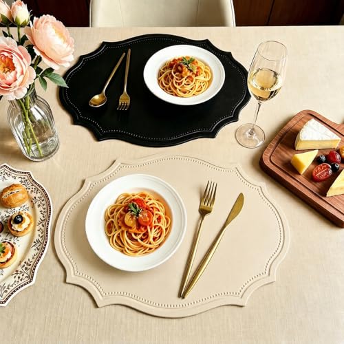Double-Texture Faux Leather Oval Placemats Set of 6 - Black, Washable, Non-Slip & Heat Insulation