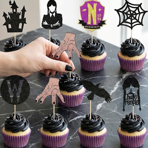 Addams Theme Cupcake Toppers 24 Pcs - Fantasy Horror Party Decorations Design 1