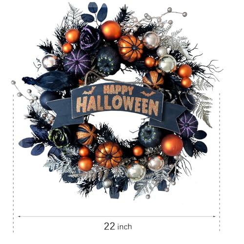 24-Inch Halloween Black Glitter Pumpkin Wreath for Front Door