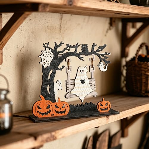 Halloween Ghost Swing Wooden Tabletop Ornament T1 - Creepy Forest Scene Decor