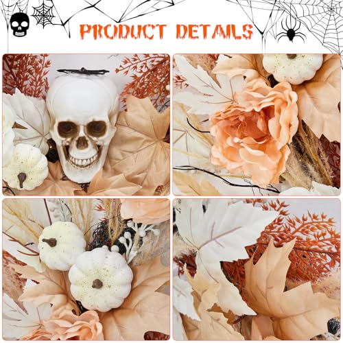 22-Inch Halloween Skull Wreath with Lights for Front Door & Indoor Decor