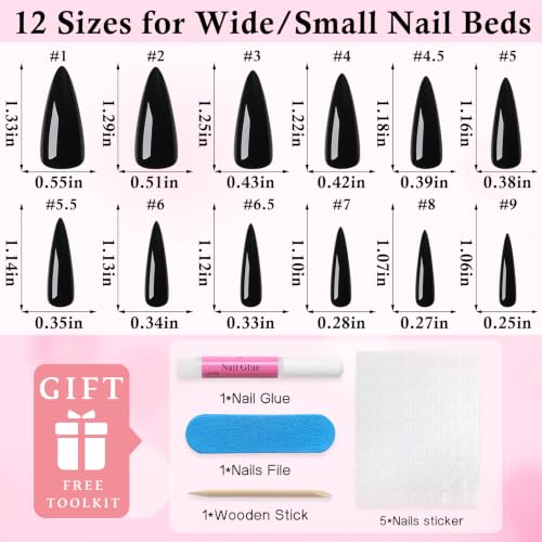 Black Long Stiletto Press-On Nails Kit with Glue & Accessories - 120pcs
